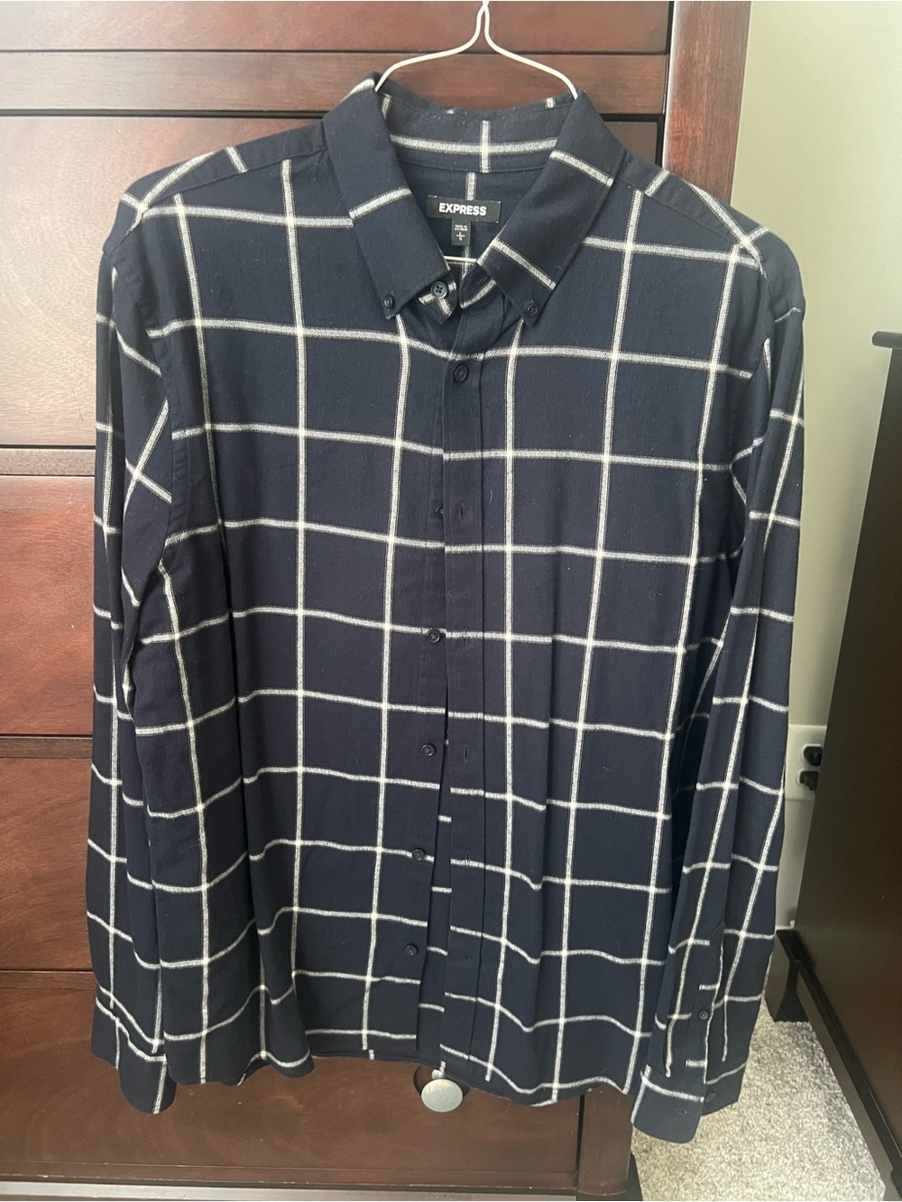 Express Men’s Navy Windowpane Flannel Button-Down Shirt with White Grid